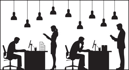 Silhouette office workers busy at desks workplace business team employees design