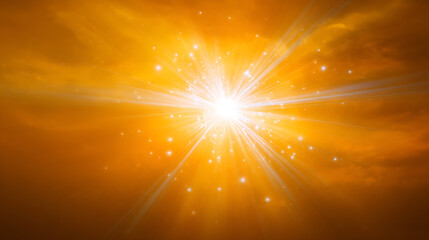 Brilliant golden starburst radiating light and sparkling particles energy explosion
