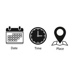 A set of three black icons representing date, time, and place for scheduling events or appointments.