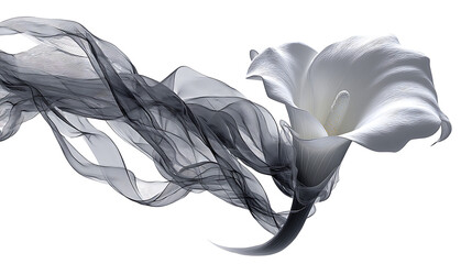 Elegant white calla lily with flowing dark sheer fabric white flower dark fabric