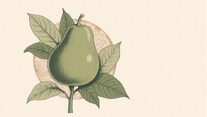Vintage Pear Illustration with Leaves and Textured Background.
