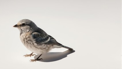 Small bird with gray and brown feathers standing on a light surface.