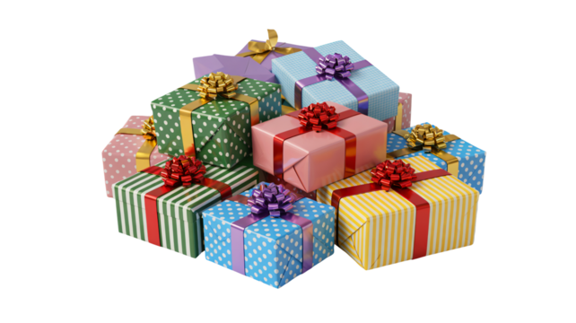 Vibrant pile of festive gift boxes with colorful ribbons and bows