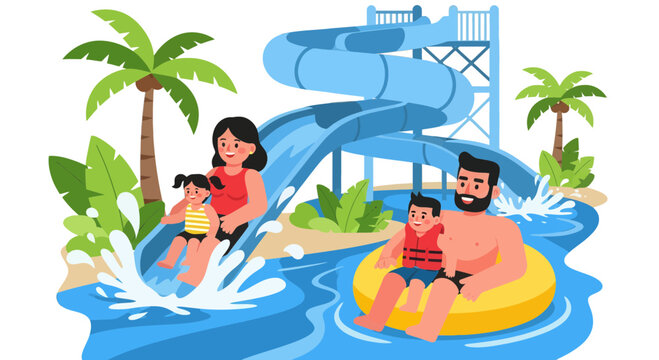 Family Enjoying Water Park Fun, Slides, Summer Adventures and Beach Relaxation