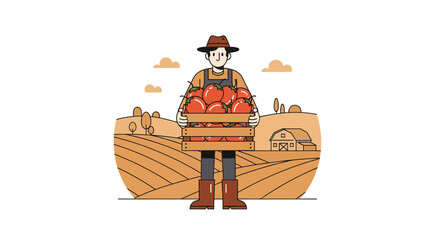 Obraz premium Farmer Displaying Freshly Harvested Tomatoes in a Rustic Wooden Crate on a Sunny Farm
