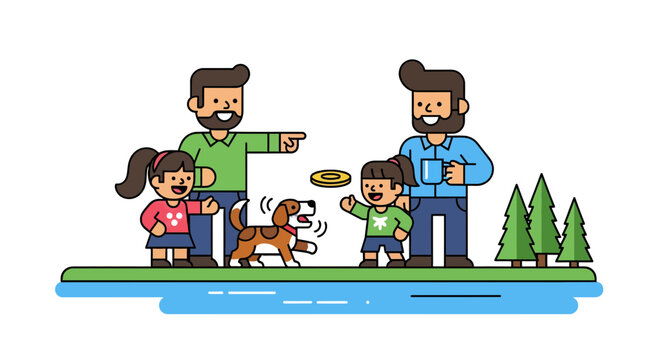 Family Fun Day With Frisbee, Dog, And Coffee In A Tranquil Park Environment