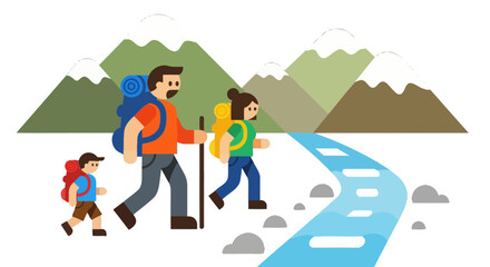 Family Hiking Adventure Depicted In Flat Illustration Overlooking Majestic Mountain Range