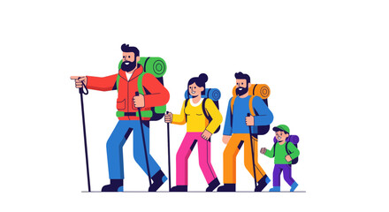 Family Hiking Adventure Depicted In Flat Illustration Against A Black Backdrop