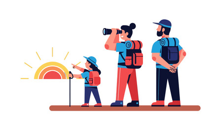 Family Hiking Adventure: Exploring Views Under Majestic Sun With Binoculars And Backpacks