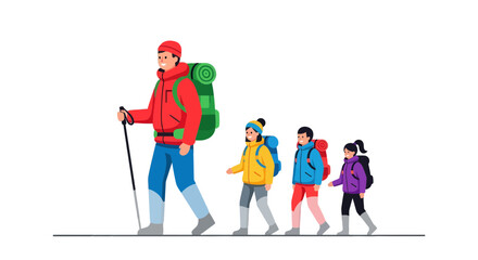 Family Hiking Adventure: Group Of Hikers Journeying Together On Black Background