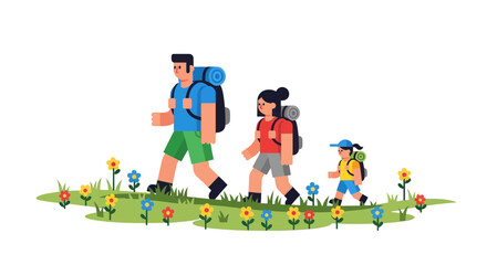 Family Hiking Adventure Through Scenic Views With Flowers Hiking Exploration Together