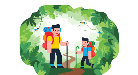 Family Hiking Adventure Through Lush Forest With Backpacks and Hiking Poles