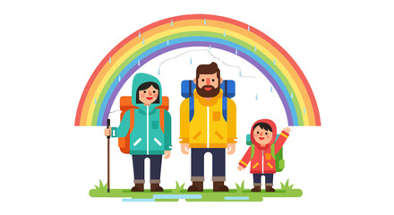 Family Hiking Adventure Under Rainbow Amidst Rainfall With Backpacks Ready To Explore