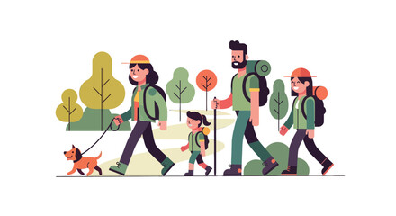 Family Hiking Adventure: Vector Illustration Of Outdoor Exploration Featuring a Dog And Trees