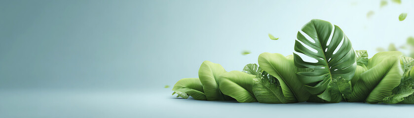 Green tropical leaf on soft minimalist background. clean fresh plant scene representing calm nature and organic wellness