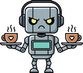 Cute angry robot serving coffee cups, futuristic waiter character, artificial intelligence illustration, funny cartoon robot design, service automation concept