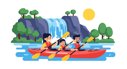 Family Kayaking Adventure Near Waterfall With The Moon In The Night Landscape