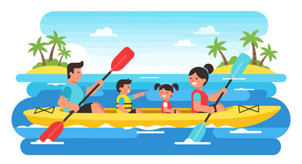 Family Kayaking Adventure: Tropical Island Expedition with Vector Illustration