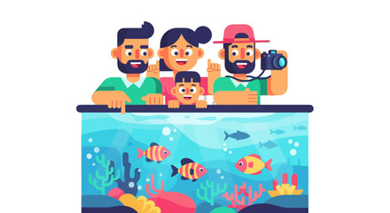 Family Observing Marine Life Together In An Aquarium Illustrative Visualization Scene