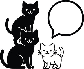 Cute cartoon cats with speech bubble, black and white kitty illustration, adorable pet design for communication, chat, and animal art