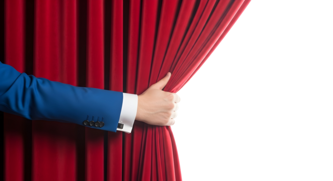 Hand pulling red theater curtain aside revealing white background