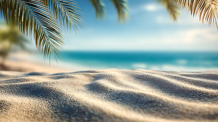 Sandy beach with palm fronds and ocean water