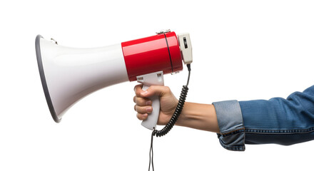 Hand holding a red and white megaphone, promoting announcements and communication