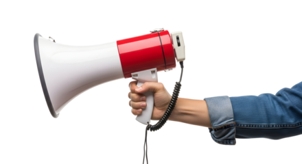 Hand holding a red and white megaphone, promoting announcements and communication