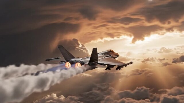  Rear-to-front angle of a Lightning II jet igniting afterburners, sudden vapor shock cone expanding in slow motion, glowing exhaust trails, atmospheric lighting, cinematic intensity