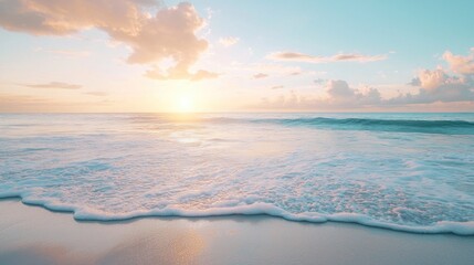 Fototapeta premium A serene beach scene with a vibrant sunset and gentle waves.