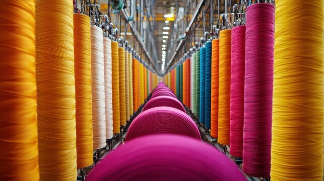 A vibrant array of colorful yarn spools in a textile factory, showcasing the intricate machinery and vibrant colors of the textile industry.