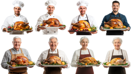 A group of chefs holding roasted turkeys on platters.