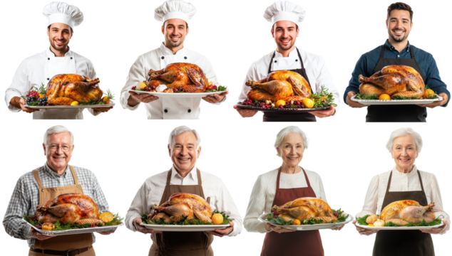 A group of chefs holding roasted turkeys on platters.