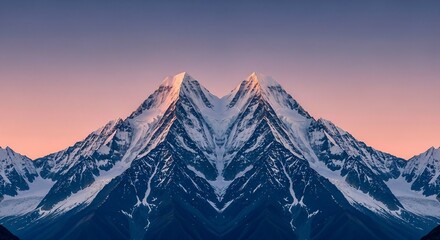 Stunning symmetrical mountain peaks covered in snow bathed in the soft light of dawn create a sense of peace and majestic beauty