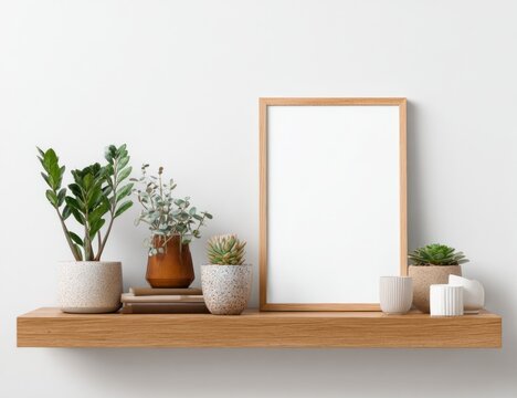 Minimalist Home Decor with Blank Frame and Plants on Shelf.