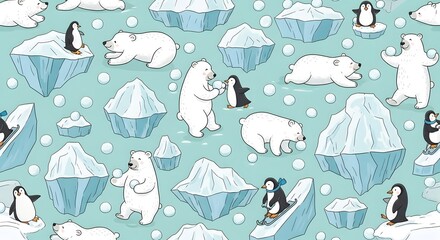 Playful Polar Bear and Penguin Pattern, Whimsical winter repeat featuring cheerful polar bears, penguins, snowballs, and icebergs scattered across a light aqua background in a child-friendly style.