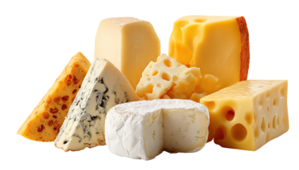 The image shows a variety of cheeses arranged in a pile. There are different types, shapes, and colors of cheese, including soft, hard, and semi-hard varieties. Some pieces have holes, some have a smo