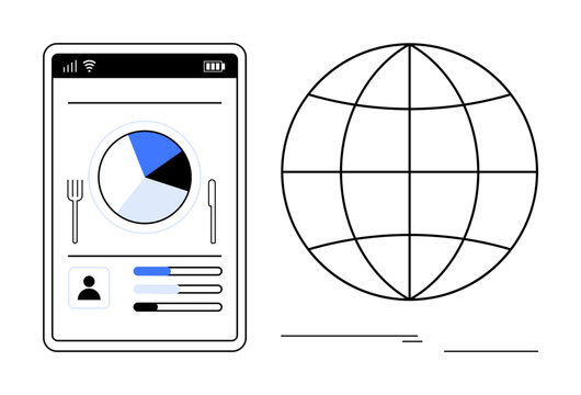 Smartphone screen displaying nutrition tracking with pie chart and user data beside a global network icon. Ideal for health, diet, technology, connectivity, innovation, data, lifestyle. Simple flat