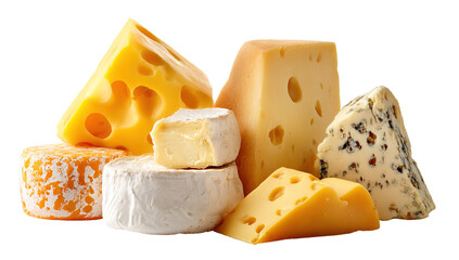 The image shows a variety of cheeses arranged in a pile. There are different types, shapes, and colors of cheese, including soft, hard, and semi-hard varieties. Some pieces have holes, some have a smo