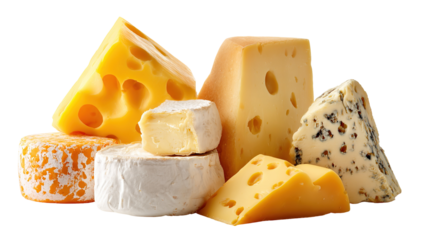 The image shows a variety of cheeses arranged in a pile. There are different types, shapes, and colors of cheese, including soft, hard, and semi-hard varieties. Some pieces have holes, some have a smo