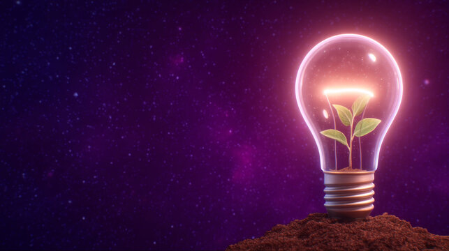 Glowing light bulb with green plant inside, soil base, symbolizing eco friendly energy, sustainability, innovation, and growth on vibrant purple starry background