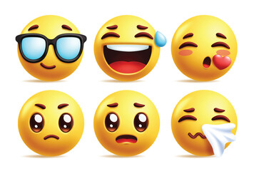 Emoji cool emoticon character clipart set. Yellow emojis clip art with cute, cool, happy, in love, sad, and sick facial expression smiley face collection vector illustration.
