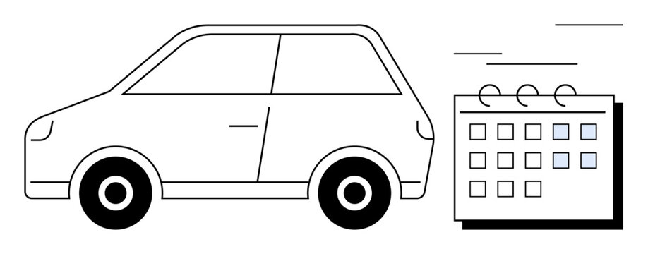Compact car driving alongside a calendar with highlighted days. Ideal for travel, planning, logistics, time management, transportation, appointments, scheduling concepts. Minimalistic flat metaphor