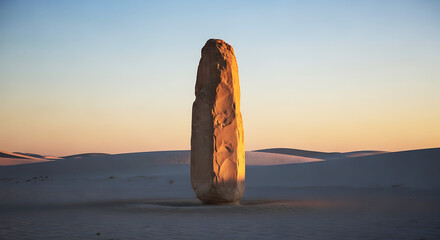 Hyper-Realistic Minimalist Ancient Monolith in Endless White Desert with Soft Sunrise Lighting