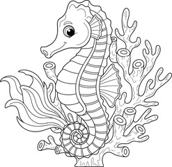 Cute Cartoon Seahorse with Coral and Seaweed Outline - Marine Life Line Art