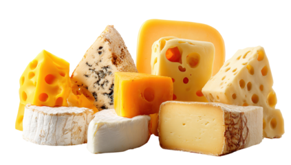The image shows a variety of cheeses arranged in a pile. There are different types, shapes, and colors of cheese, including soft, hard, and semi-hard varieties. Some pieces have holes, some have a smo