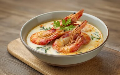 Appetizing Shrimp Curry with Coconut Milk in a Bowl on Wooden Surface Highlighting Culinary Delight and Fresh Ingredients
