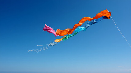 Colorful kite string flying in clear blue sky vibrant orange pink blue and green fabric outdoor activity joyful and playful atmosphere summer breeze