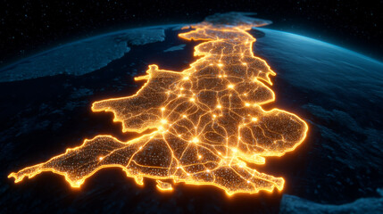Glowing map United Kingdom delivery routes night illuminated transportation network logistics futuristic earth view digital city lights technology aerial infrastructure connection vibrant modern