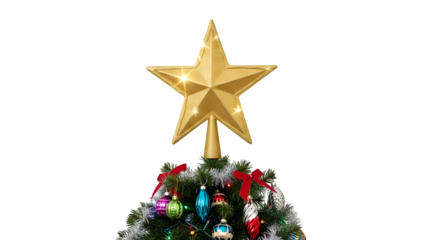 Golden star topper adorns a beautifully decorated christmas tree with colorful ornaments and lights